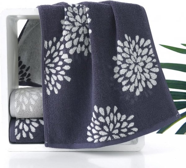 Hand Towels Set of 2 Hydrangea Floral Pattern 100% Cotton Absorbent Soft Decorative Towel for Bathroom (Denim Blue)
