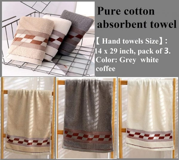 Bathroom Hand Towels 100% Cotton Super Soft Ring Spun Highly Absorbent and Durable, Size 14" x 29" 3-Pack (Grey+White+Khaki)