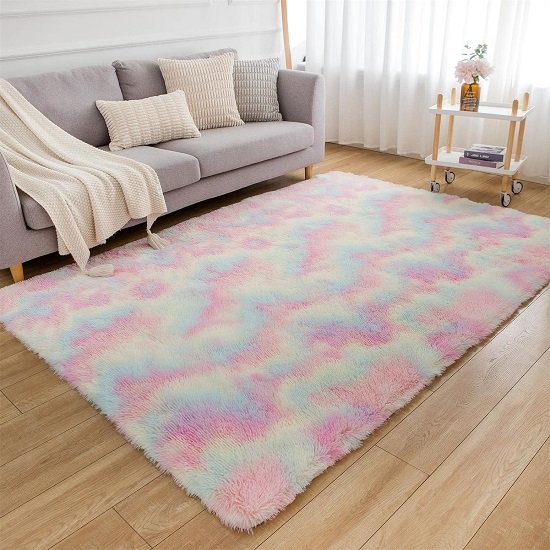 Living Room Area Rug, Thick Non-Slip Plush Rug 5x7 Feet, Tie Dye Rainbow Indoor Plush Rug