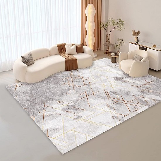 Abstract Gold Thread Area Rug, Off-White, 5x7 Feet