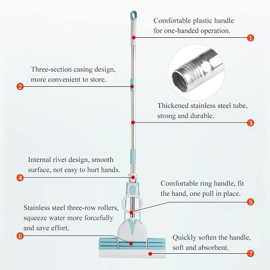 Wet and dry magic sponge mop with wringing function and adjustable handle